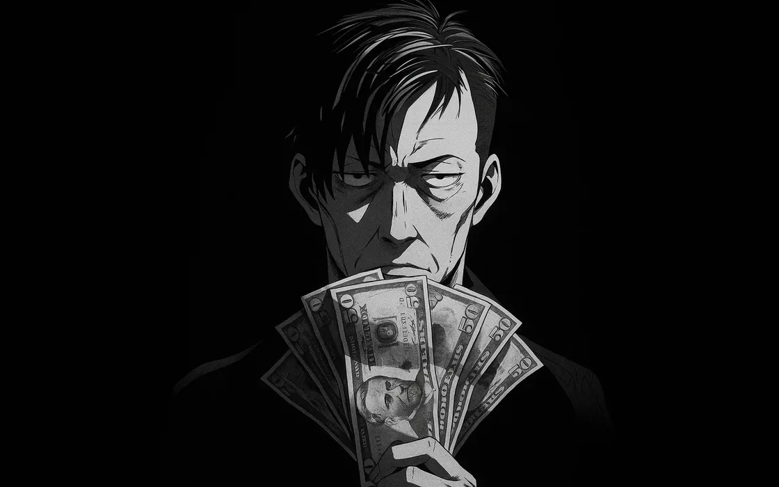 A Noir Story · Illustration einer Figur mit aufgefächerten Geldscheinen
